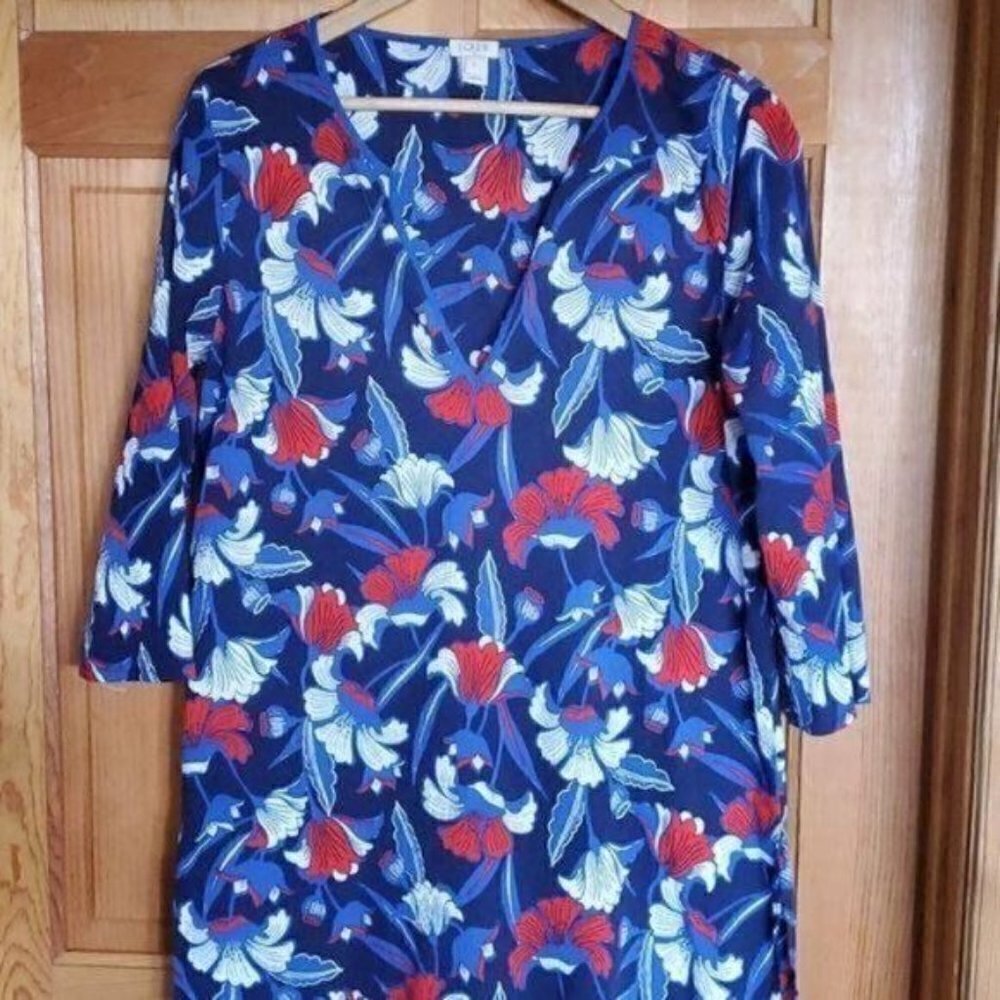 J. Crew Red, White & Blue Floral V-neck Embellished Sz. L Tunic - Picture 2 of 7